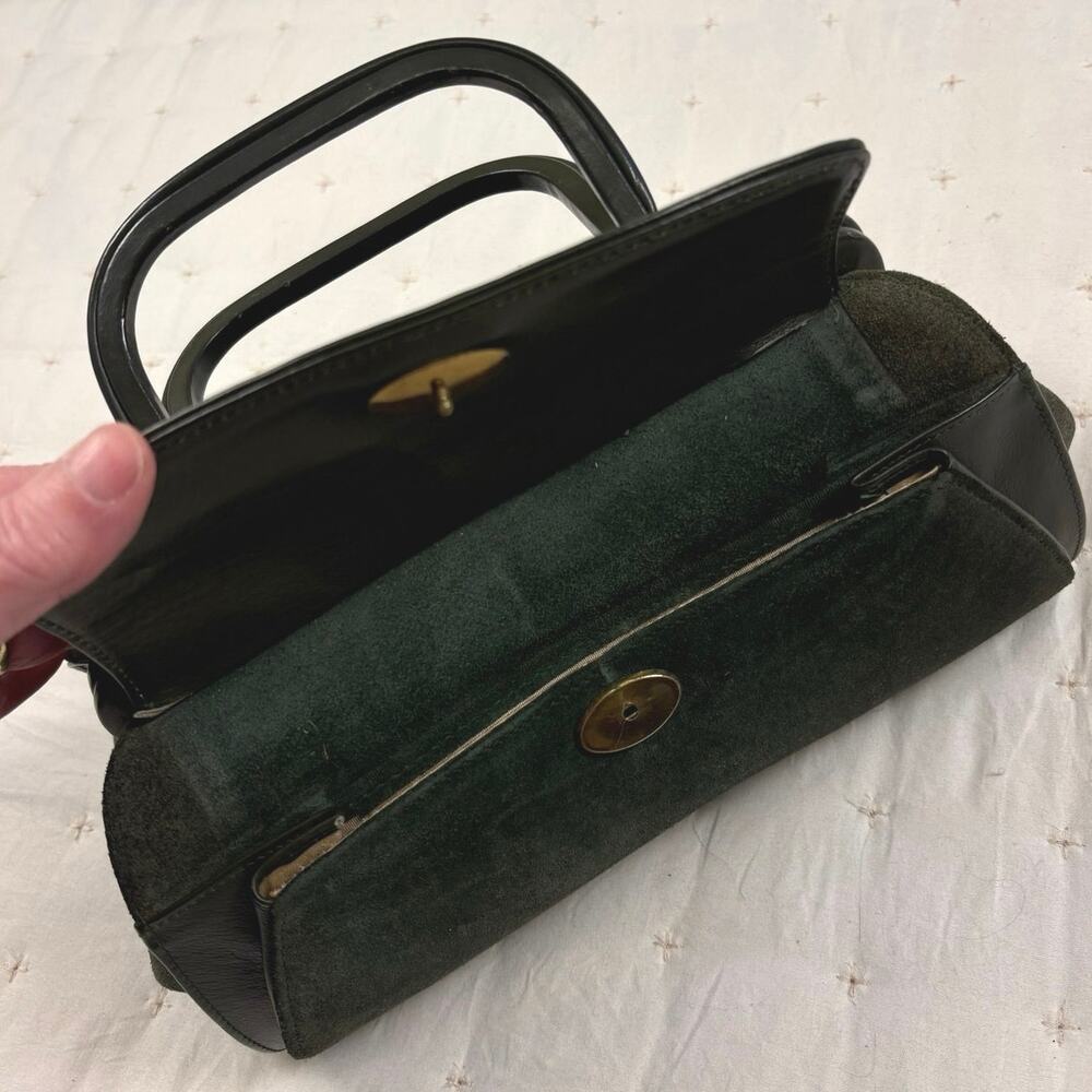 Vintage Suede Doctors Bag Top Handle Satchel Olive Green Gold Hardware - Picture 6 of 12